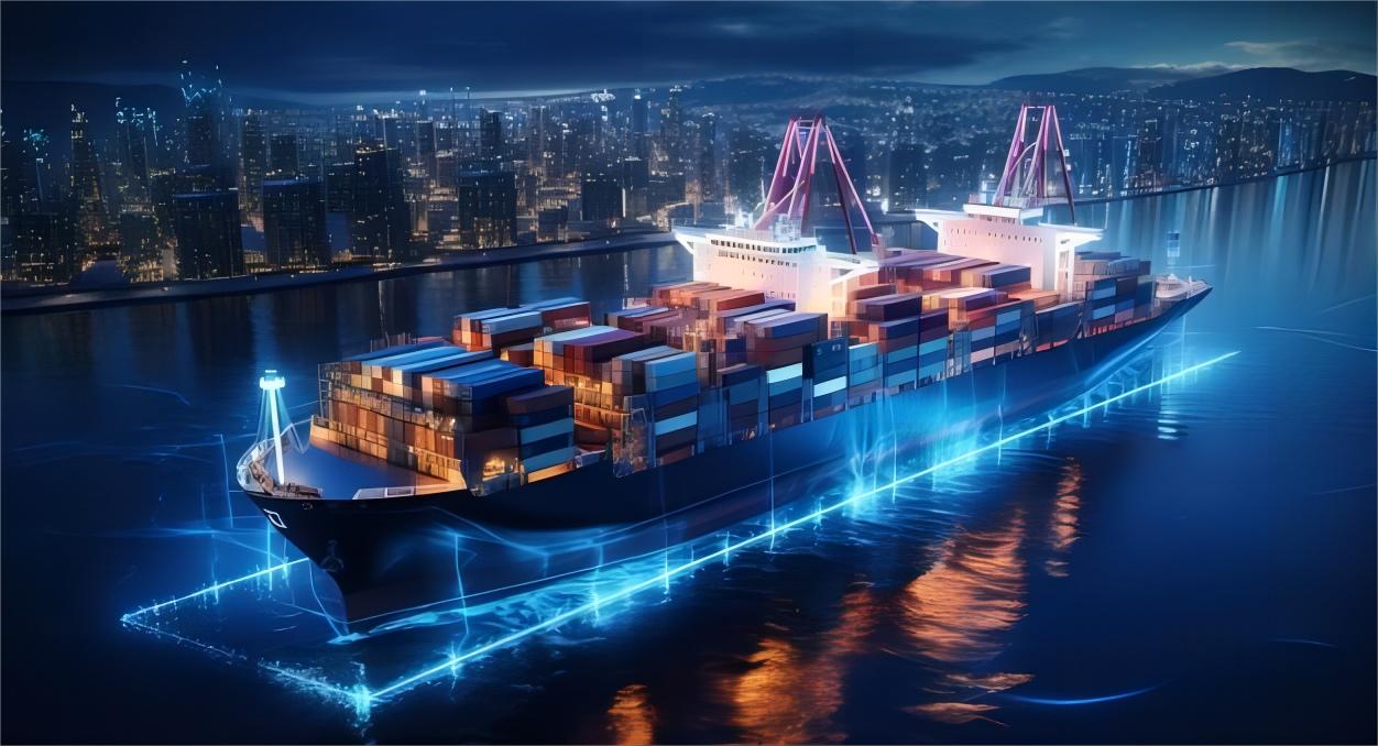 Cargo ship sailing through calm waters towards Europe