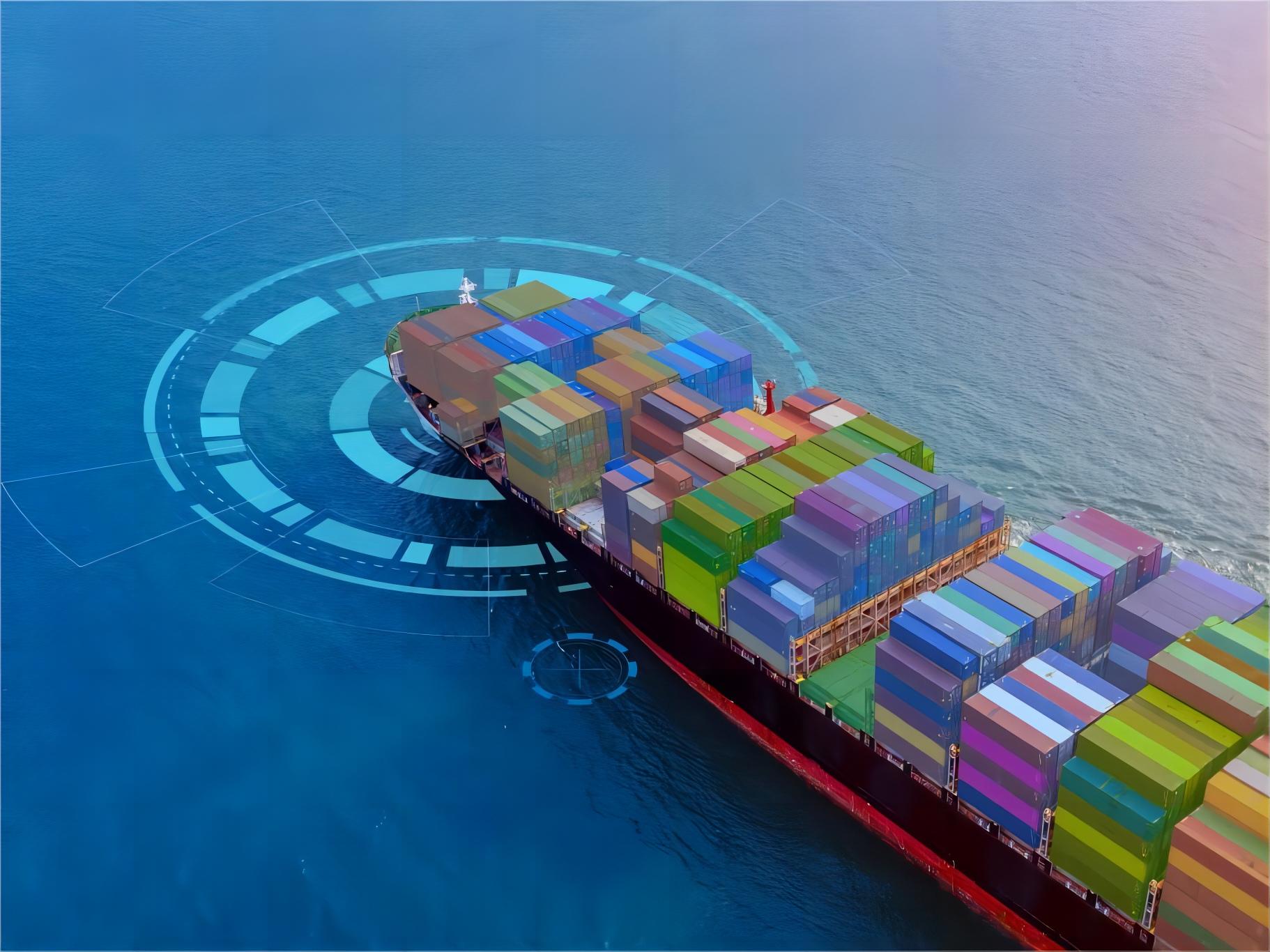 Container ship loaded with cargo at a busy port