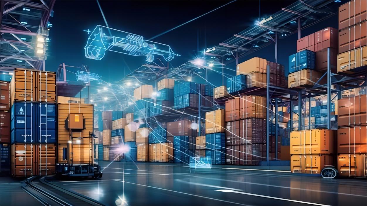 Supply chain network diagram with various logistics icons