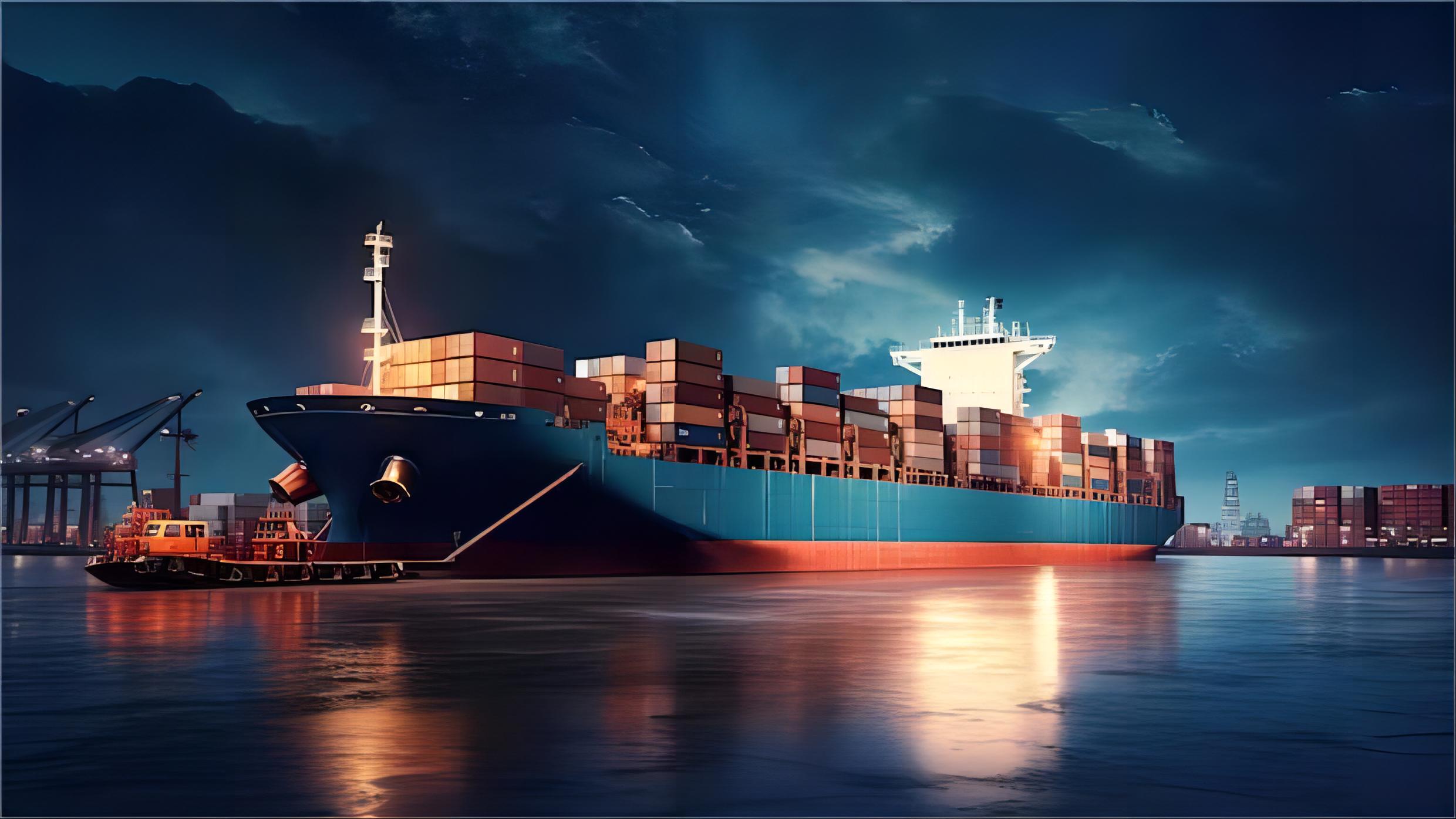 Container ships at port with a sunset background