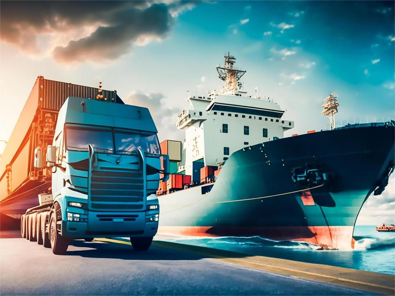 Container ship loaded with solar panels at port