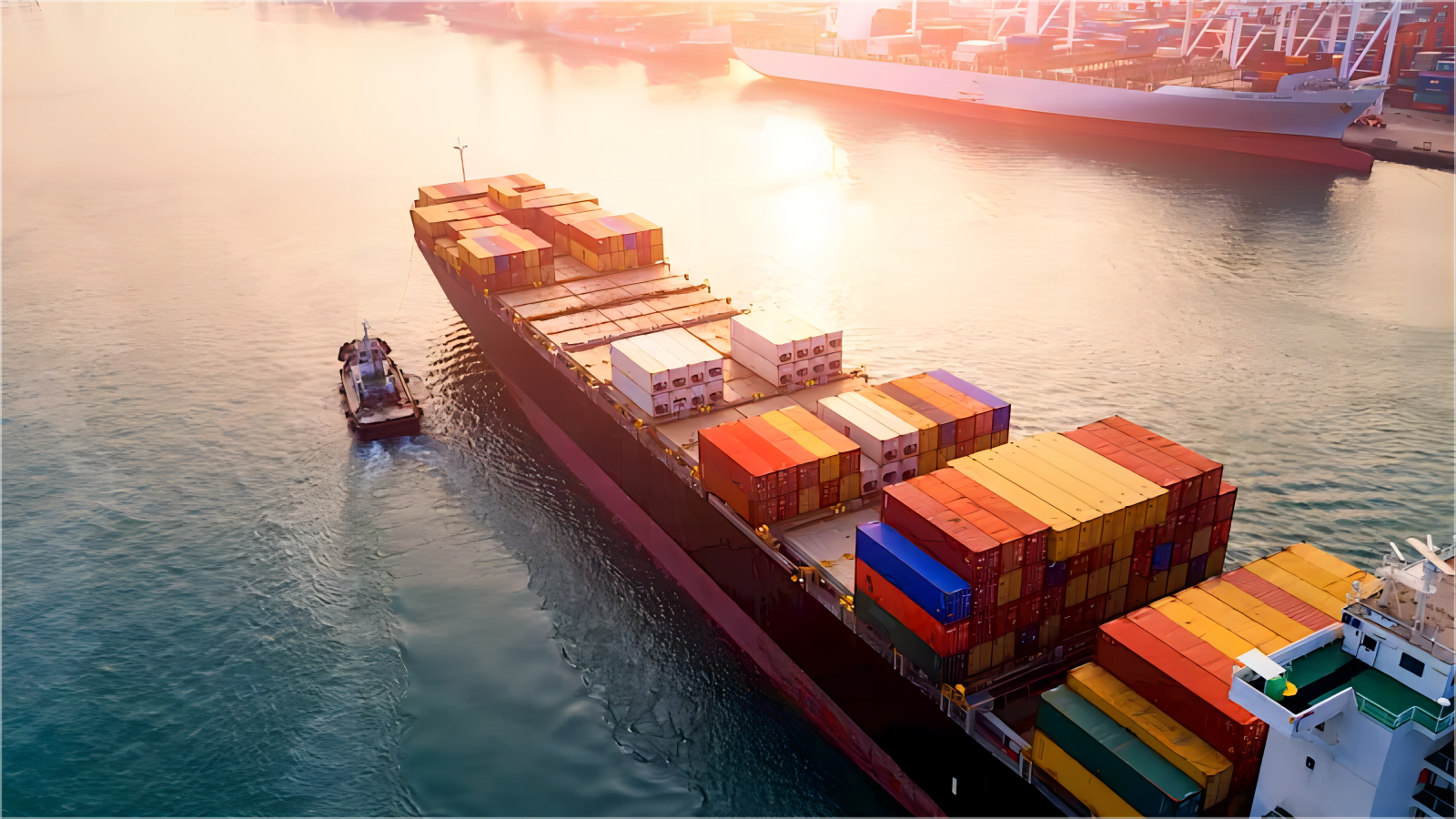 Flat rack containers loaded with oversized machinery at a busy port terminal