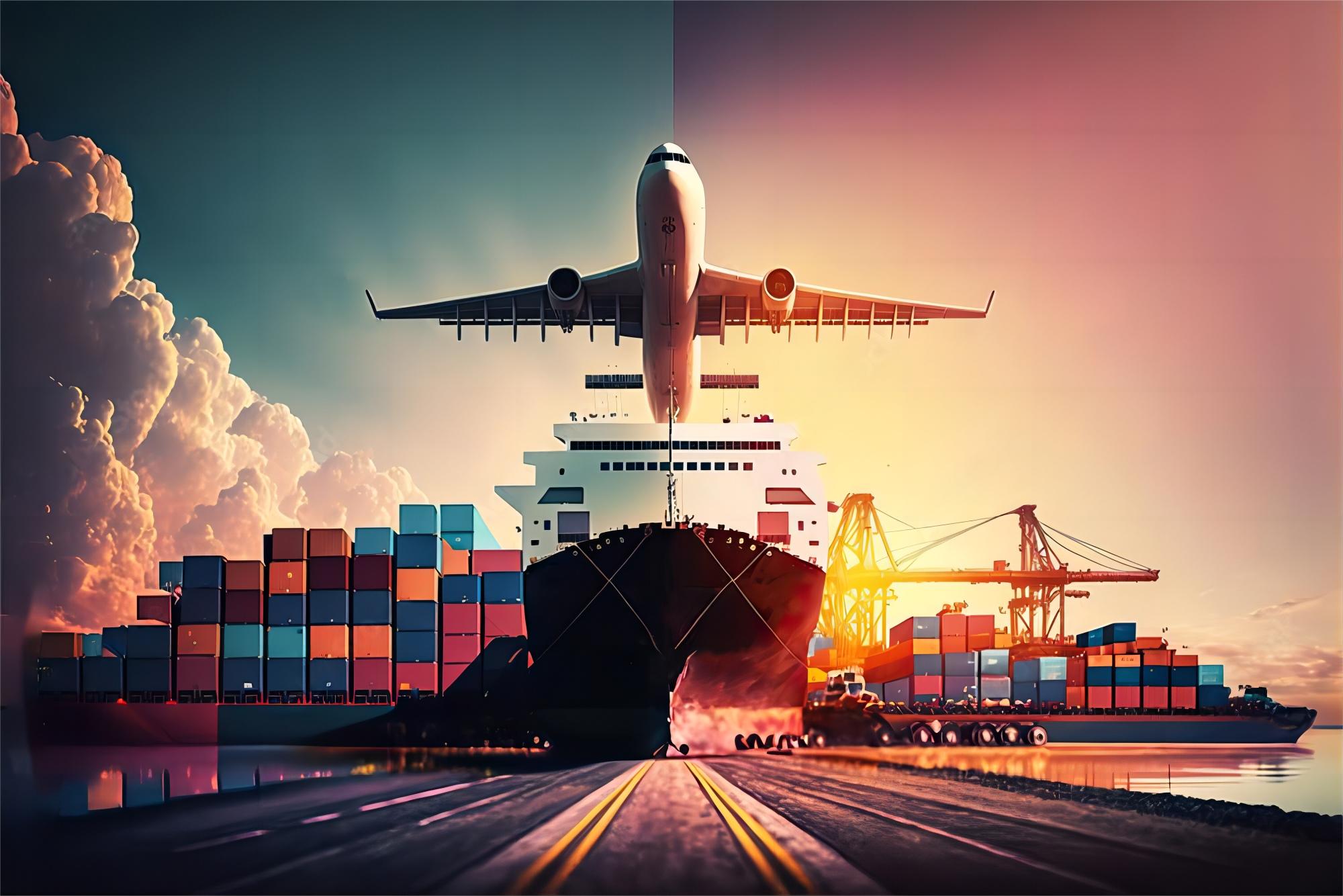 Infographic comparing sea, air, and rail freight options for international shipping