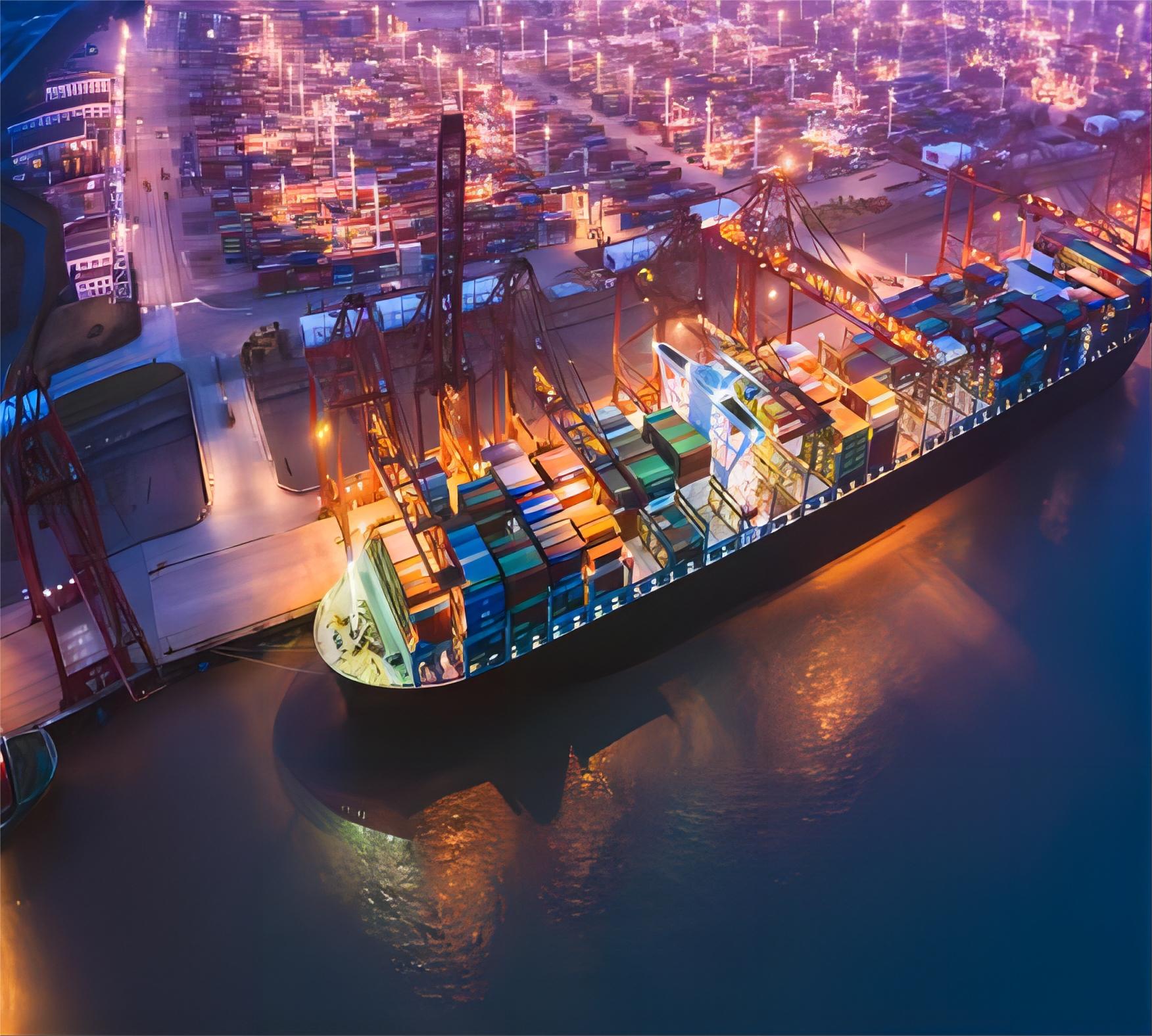 Container ship at sea, heading towards Europe