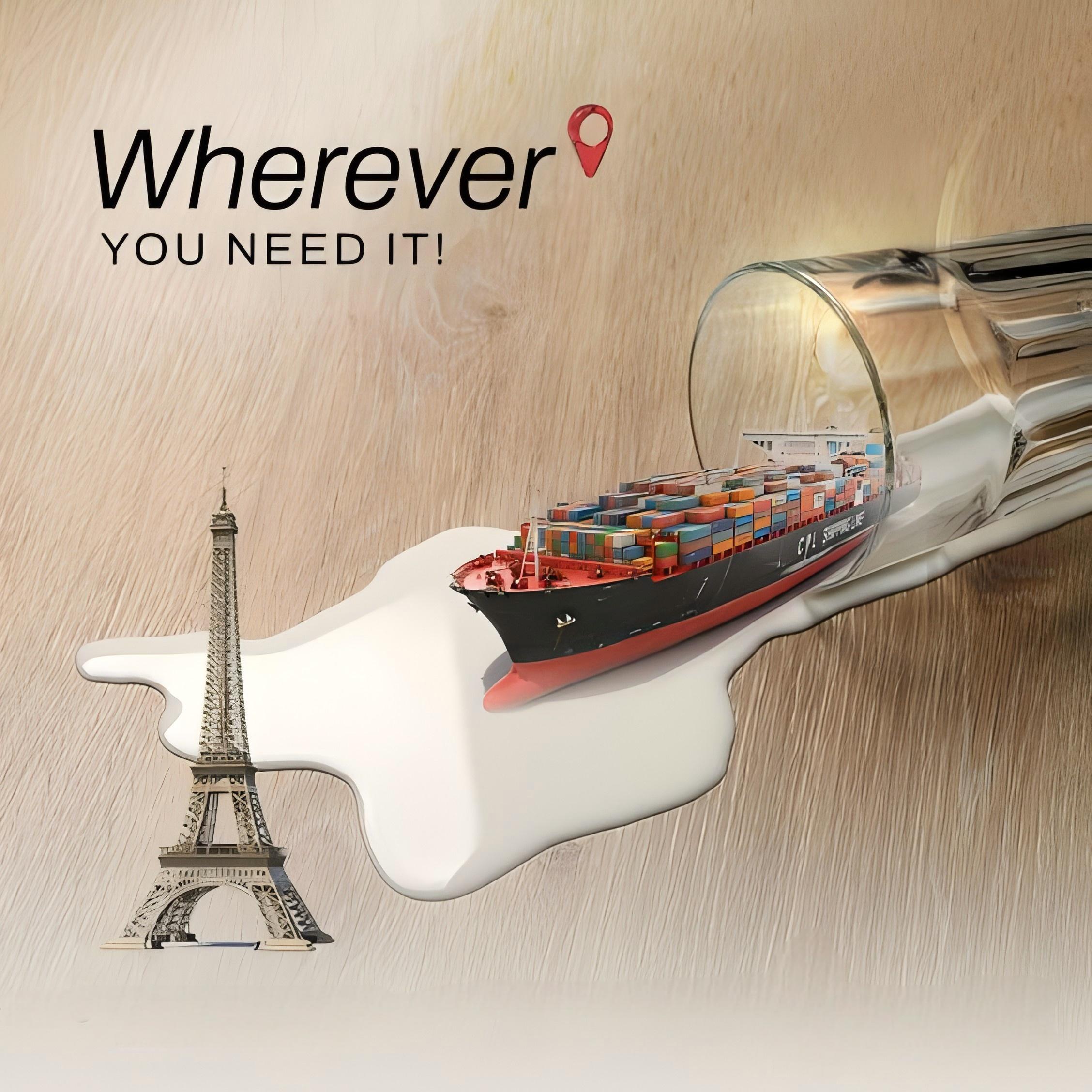 Global map showing shipping routes from China to Europe