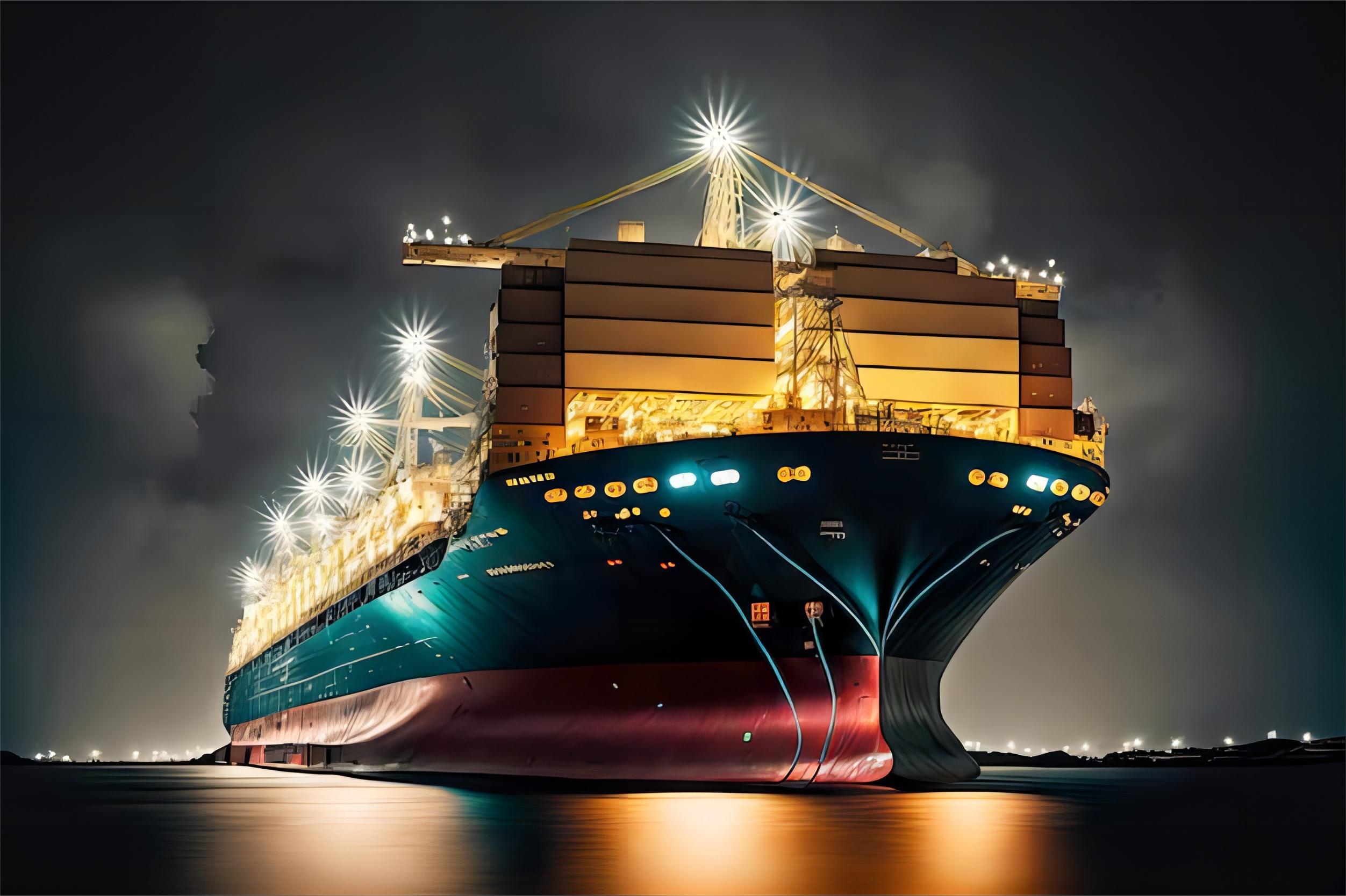 Large cargo ship sailing across the ocean with containers