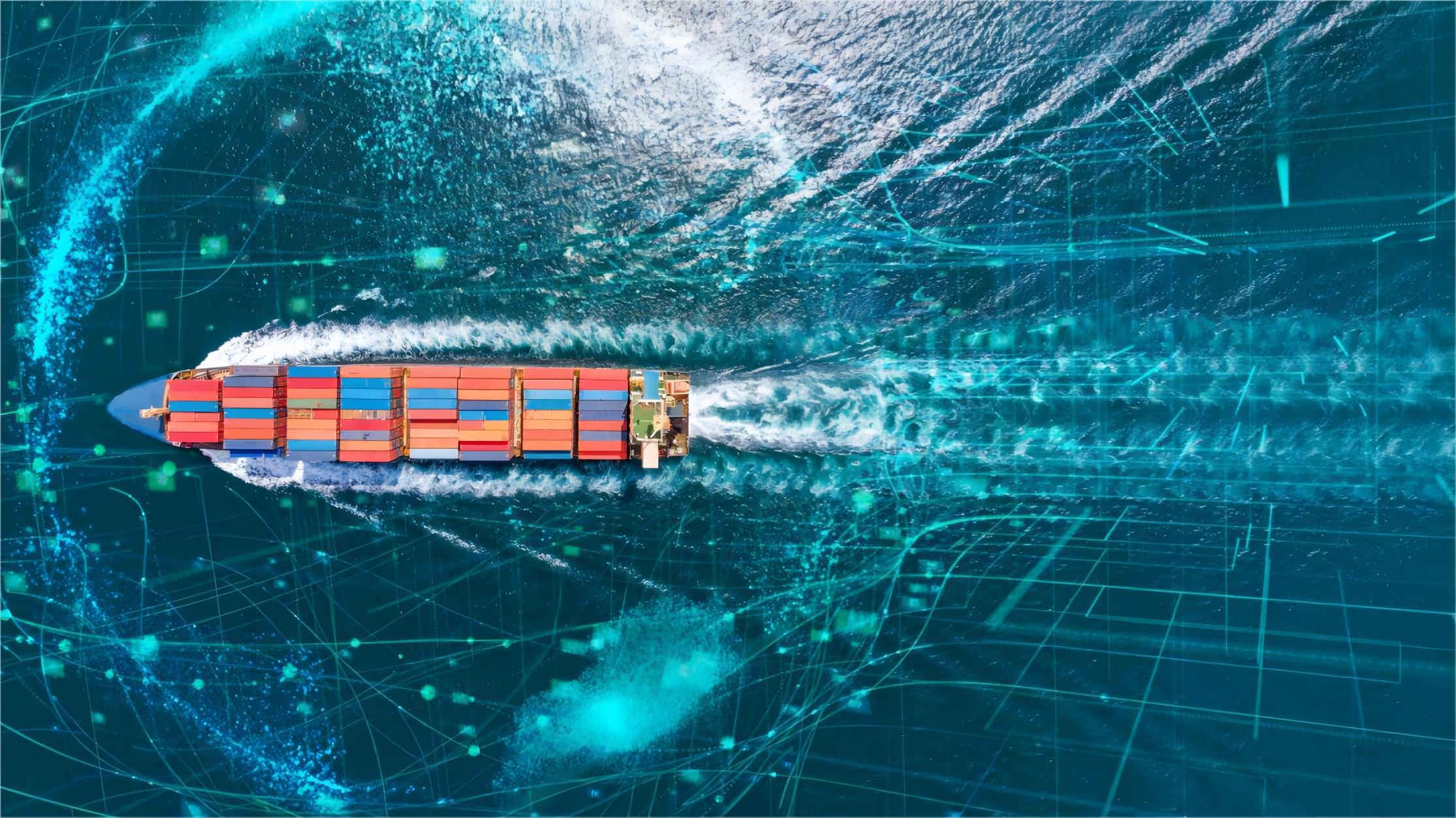 Logistics professionals discussing a global shipping route on a map