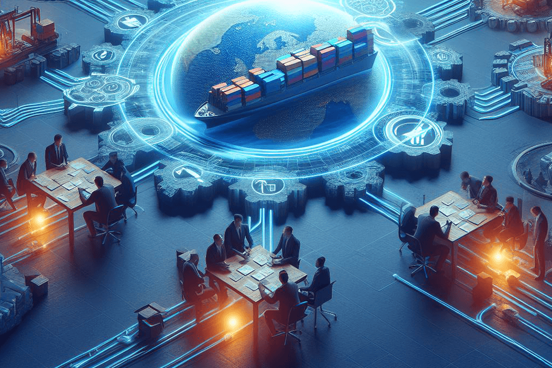 Shipping containers stacked at a busy port with cranes