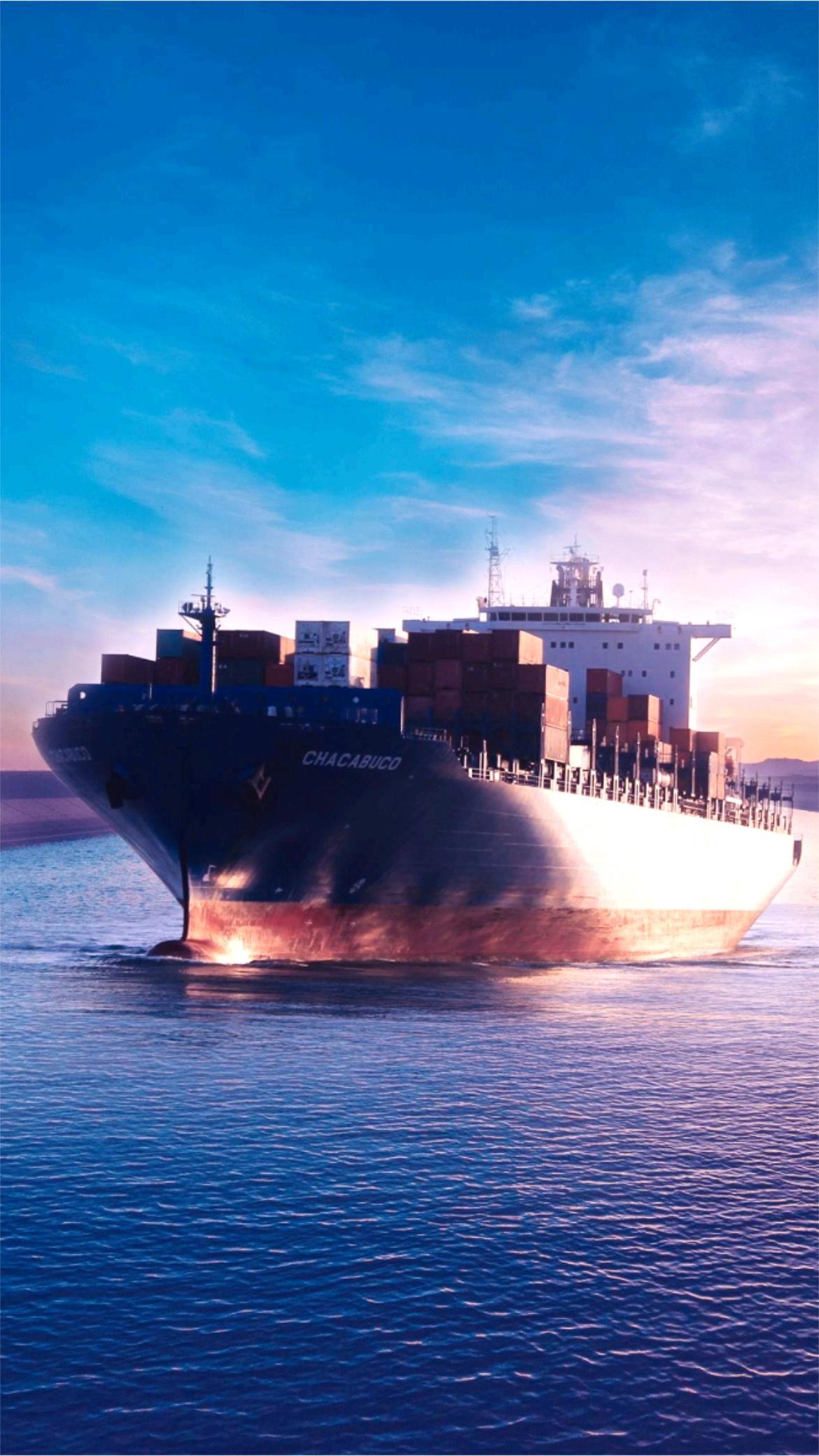 Cargo containers stacked at a bustling port with ships in the background