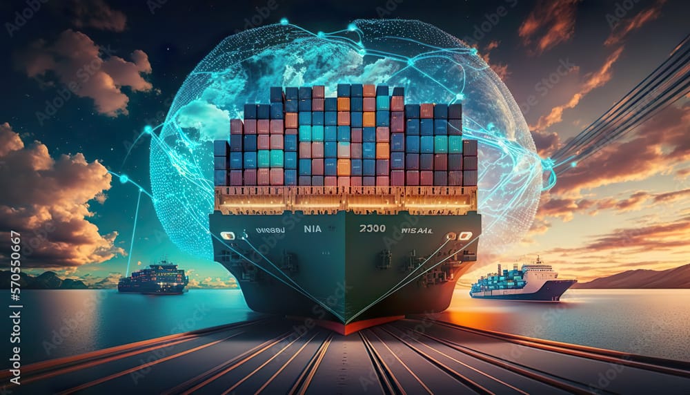 Container ship loaded with solar panel containers