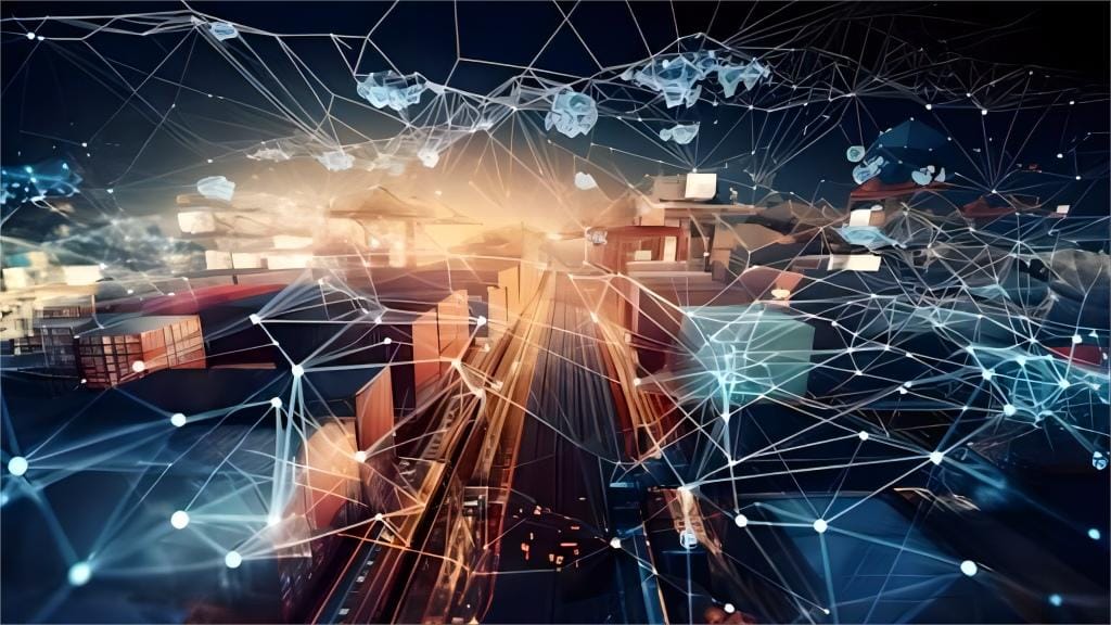 Container ships at a busy port, symbolizing global trade and logistics