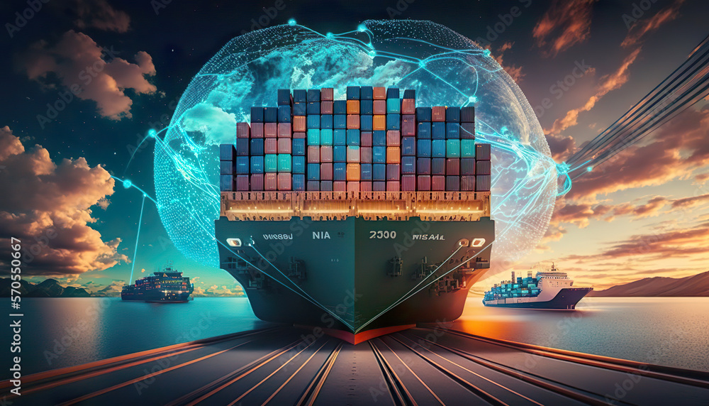 Cargo ship loaded with containers sailing at sea