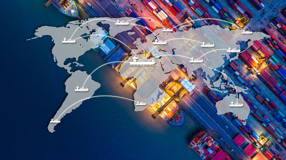 Shipping containers at a bustling port in China