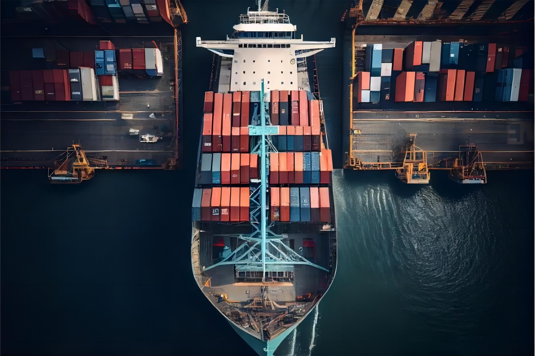 Container ship departing a busy port in China