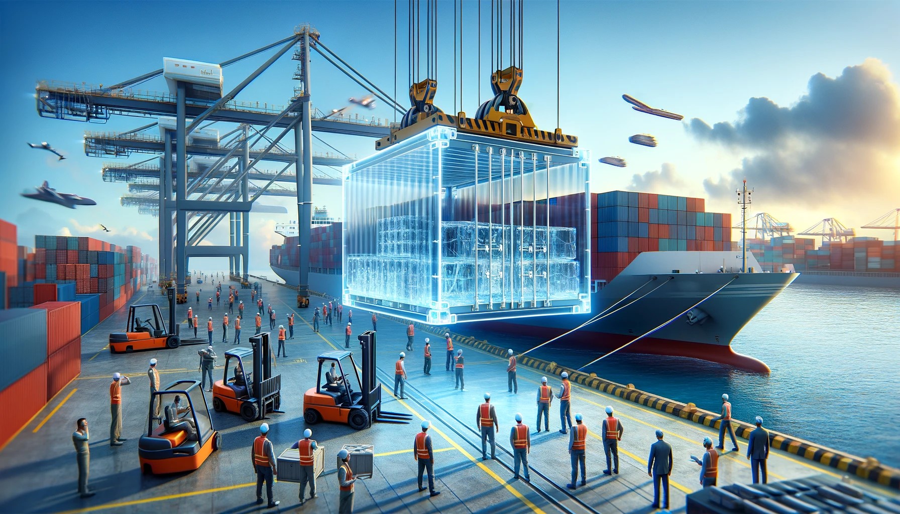 Open top container being loaded with large toys at a Chinese port