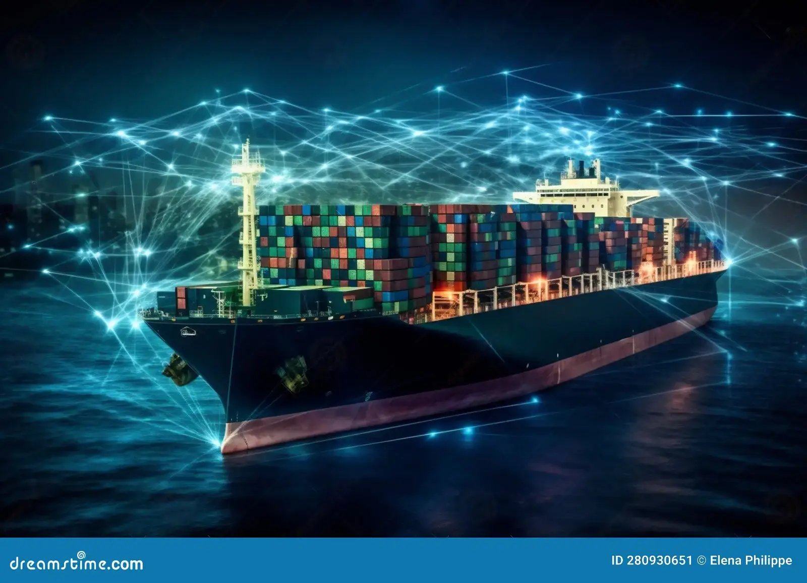 Container ship at a busy Chinese port